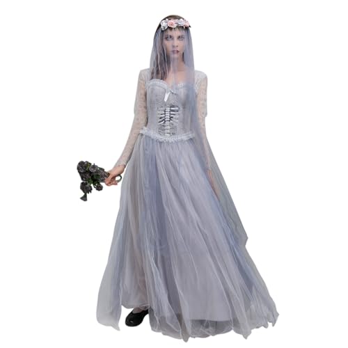 Edhomenn Disfraz de novia de terror para mujer, disfraz de Halloween, cosplay, vestido de corsé de cadáver fantasma con velo floral y diadema (01, gris, XXL)