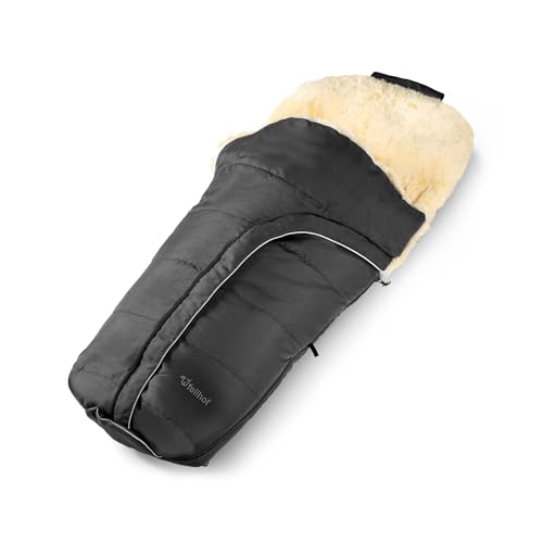 Fellhof 108303 Lammfell Fußsack Cortina, Oeko-TEX® Standard, 45x97 cm, Wind- und wasserdicht, waschbar bis 30°C, Öffnung am Fußende (schwarz)