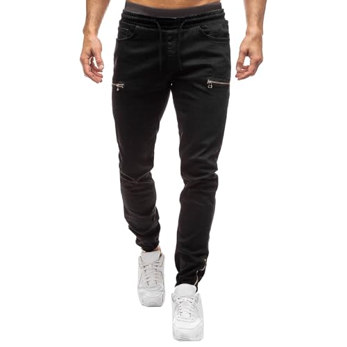 Maiyifu-GJ Men's Oversize Zipper Jeans Elastic Waisted Skinny Denim Pants Stretch Fashion Casual Streetwear Jean Trousers (Black,5X-Large)
