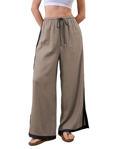 Xiaoxuemeng Linen Pnats Women Wide Leg Striped Capri Pants Casual Baggy Linen Trousers with Pockets