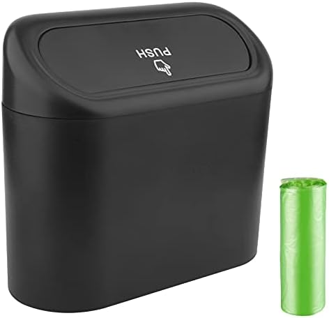 RENZHICHU Car Trash Can, Mini Car Accessories with Lid and Trash Bag, Cute Car Organizer Bin, Small Garbage Can for Storage and Organization (6.3x3.3x5.5IN) (Black Trash can) (Black)