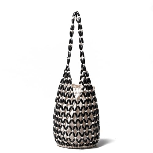 Image of RomanticDesign Women Retro Wooden Handbag Woven Bead Tote Bag Hollow Out Beach Casual Bucket Purse, Black, 6.7 inches