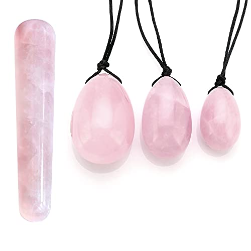 GEHECRST Rosenquarz Yoni Ei Massagestab Kristall Yoni Eier Set mit 3 Größen Yoni Egg Massage Stein für Damen Muskeln Massage in Kegel-Übungen