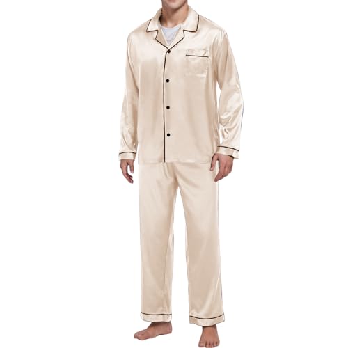Mens Pajamas Set 2 Piece Lounge Set Silk Long Sleeve Pjs Wide Leg Sleep Pants Comfortable Classic Loungewear Casual
