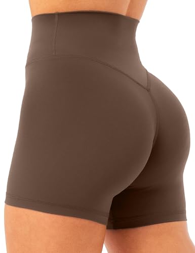 Unthewe Womens Workout Gym Biker Shorts High Waisted Athletic Booty Yoga Shorts with Tummy Control(U729-Dark Brown-M)