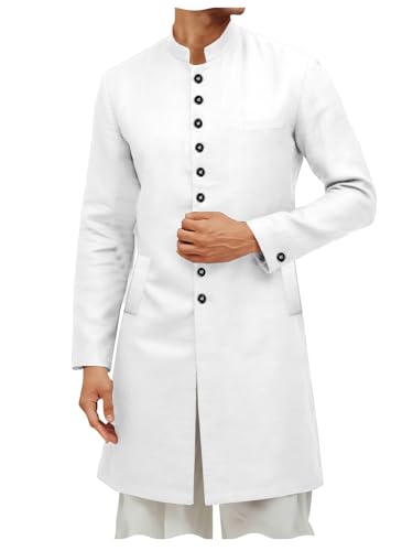 ONAXTDA Men's Casual Long Attire Ethnic Festive Party Stand Collar Cotton Linen Lightweight Kurta Sherwani Coats Kaftan White L