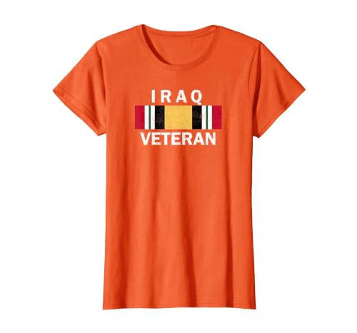 Iraq Veteran T-Shirt Iraq War Service Ribbon Distressed Tee T-Shirt, Women, Orange, X-Small