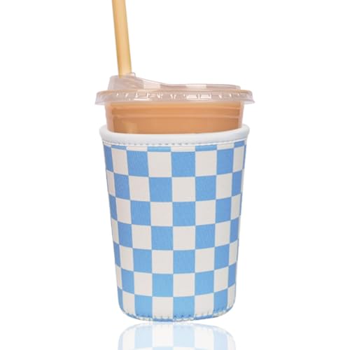 Image of Reusable Insulated Sleeve for Iced Coffee Cup, Coffee Neoprene Sleeve for Cold & Hot Drinks, Beverage Holder for Iced Coffee (Blue Grid, Small: 16-18oz)