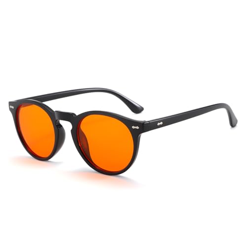 Long Keeper Gafas Luz Azul Mujer Hombre Gafas Naranja Bloqueo Luz Azul Redondas Antifatiga Gafas Filtro Azul para PC Gaming Lectura Fatiga y Mejorar El Sueño (Marco Negras)