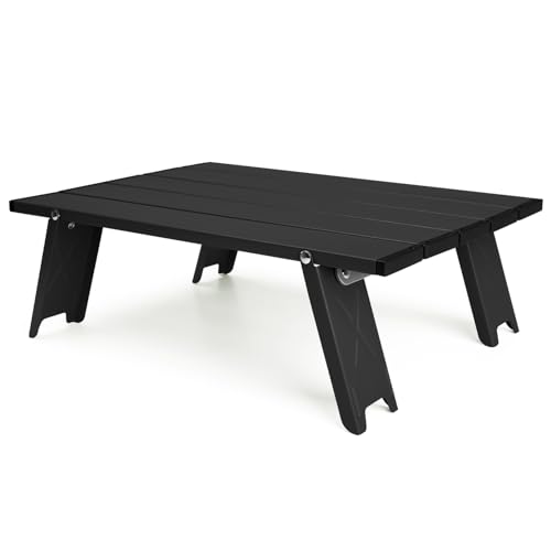 Outplea Ultralight Compact Mini Camping Table, Tiny Aluminum Fold Up Beach Table, Backpacking Ground Short Table, Black