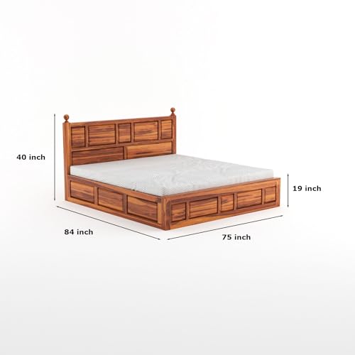 Image of Furniture Sheesham Wood King Size Bed with Storage Box | Wooden Box Bed King Size Double Cot Bed with Storage for Bedroom | Premium Lattu Design Headboard Bed for Living Room | Honey Finish