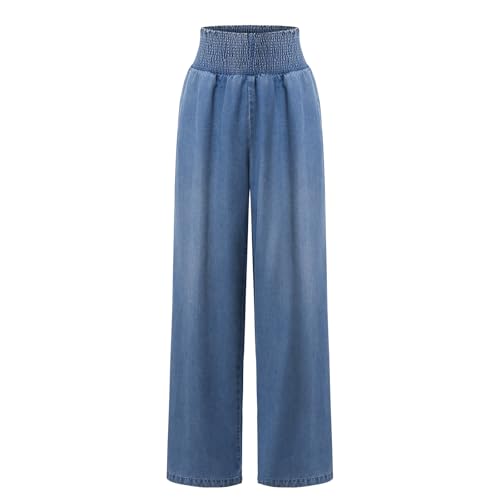 Women's Wide Leg Jeans Elastic High Waist Drawstring Loose Denim Trousers