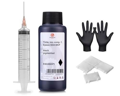 Octopus Fluids Refill Ink Compatible with Epson 604 Ink Cartridges, Workforce 2950DWF 2930DWF Black Pigmented 250 ml with Syringe