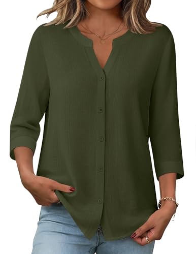 Reviews de Color Verde Militar los mejores 5. 45 Zeagoo Camisas para mujer, blusa de trabajo informal con cuello en V de algodón y mangas 3/4, moderna, color verde militar, talla S