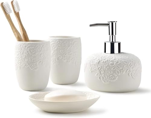 Matte Ceramic Bathroom Accessories Set Elegant Embossed Design 4 Pcs Includes Soap Dispenser Cups&Soap Dish Housewarming Gift for Home Hotel Apartment