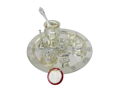 GoldGiftIdeas 9 Inch Silver Plated Aadya Pooja Thali for Home Decor, Pooja Thali Set for Diwali, Pooja Items for Gift, Housewarming Return Gift