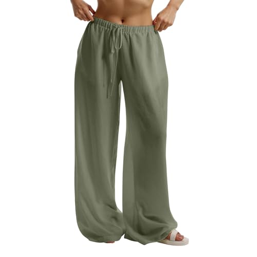 Palazzo Linen Pants for Women Elastic High Waisted Wide Leg Beach Pants Casual Summer Loose Flowy Trousers with Pocket4