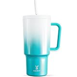 Meoky タンブラー ストロー付き水筒 900ml 大容量 保冷24時間 保温8時間 完全防水 漏れない 蓋付き 持ち運び便利 取っ手付き 車載ホルダー対応 滑り止めベース 直飲み 広口でお掃除簡単 食洗機対応 女の子 男の子 学生 ホームオフィス アウトドア 通学用 (青白グラデーション, 900ml)