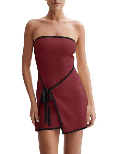Image of Wenrine Womens Sexy Tube Top Dress Strapless Self Tie Wrap Asymmetrical Hem Knit Summer Party Mini Dresses