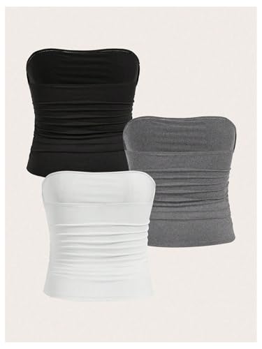 SOLY HUX Women's Plus Size 3 Packs Tube Tops Ruched Strapless Bandeau Slim Fitted Crop Tank Top2