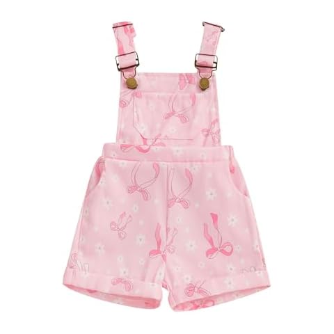 Adobabirl Toddler Baby Girl Overalls Daisy Floral Print Romper Suspender Shorts Jumpsuit Cute Summer Outfits Clothes (Bow Flower-Pink, 12-18 Months) Cover