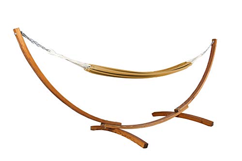 vanvilla Hängematte mit Gestell aus Lärche BAROS 360cm x 120cm, braune Hängematte, verzinkte Stahlteile, Holz Teakfarben, Hängemattengestell Holz
