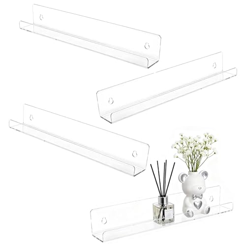 APOMOONS Estantes acrílicos, paquete de 4 estantes flotantes transparentes de pared, autoadhesivos, sin taladro, aptos para inquilinos, estante acrílico para dormitorio, baño, cocina, Funko Pop y