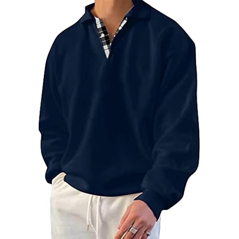 Elainone Mens Long Sleeve Polo Sweatshirt Plaid V-Neck Casual Solid Color Loose Fit Pullover for Golf Sport navyblue L Cover