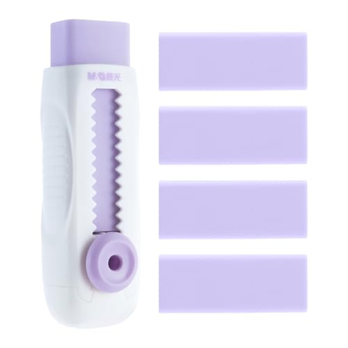 M&G 4+1 Pack Rubber Erasers Sliding Retractable Eraser, Soft Cute Erasers Push Pull Large Pencil Eraser with Plastic Sleeve 4 Refill Eraser for Students Kids, School Office Home Supplies (Purple)