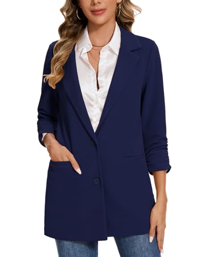 MINTLIMIT Women’s Mid Length Long Blazer Coat with Notch Lapel Two-Button Closure and Half-Lined Design (Navy Blue L)