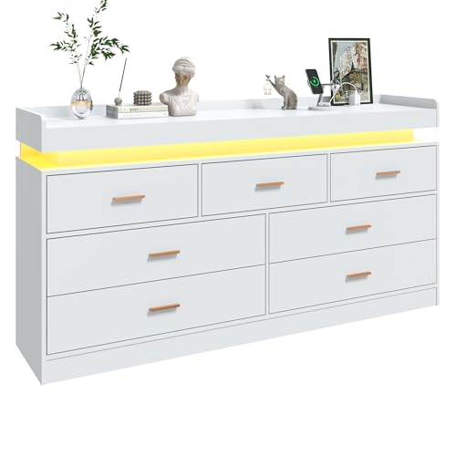 Image of jiteentarou 7 Drawer Dresser with Charging Station and LED Lights, Modern Chest of Drawers with Power Outlet, Organizer Cabinet for Bedroom, Living Room, Entryway, White