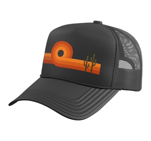 Retro Desert Sunset Vintage Southwest Cactus Landscape Trucker Hat with Adjustable Mesh Back Black