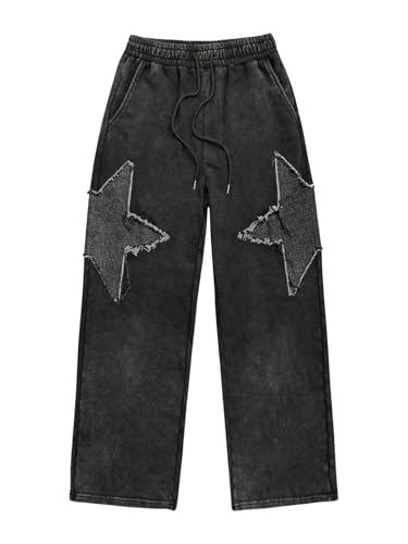 OYOANGLE Men's Star Ripped Pants Elastic Drawstring Waist Straight Leg Trousers Y2K Gothic Pants