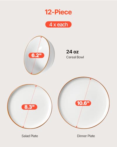 Image of VEVOR Dinnerware Set, Service for 4 (12 PCS), Round Plates and Bowls Sets, Scratch Resistant Ceramic Dinner Ware, Dishwasher and Microwave Suitable Kitchen Dish, for Dessert Salad Soup Pasta, White