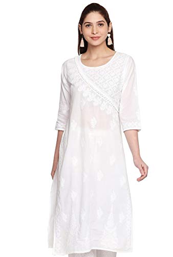Indiankala4U Lucknow Chikankari Ladies Kurti Cotton Long Kurta Hand Embroidery Work for Women Pristine White