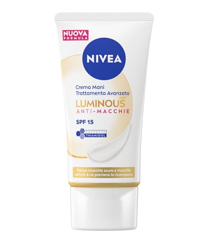 NIVEA Luminous630 Anti-Macchie Crema Mani Trattamento Avanzato SPF 15 50 ml, Crema mani antiage e antimacchie, Hand cream con Acido Ialuronico e Thiamidol brevettato, Tutti i tipi di pelle