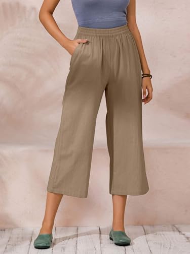 Image of ECUPPER Womens Cotton Cropped Pants Loose Fit Wide Leg Trousers | Casual, Plus Size, Elastic Waist, Capri, 100% Cotton, Slant Pockets, High Rise Waist, Lounge Pants