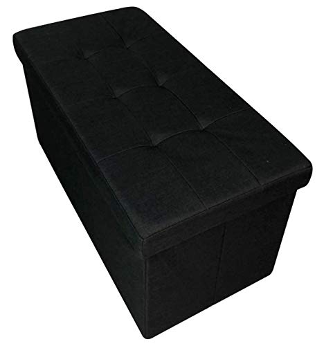HomeHarmony® Quilted Top Folding Storage Ottoman Seat, Stool, Toy Storage Box Linen Look (Black, Large)