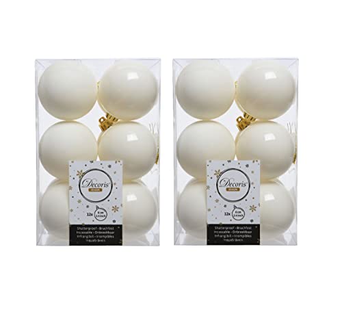 24 Wool White Christmas Baubles 6cm Shatterproof Tree Ornaments Shiny Matt