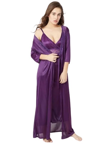 || Women's Satin Plain/Solid Nightwear Set Night Dress with Robe Pack of 2 for Ladies-image-31