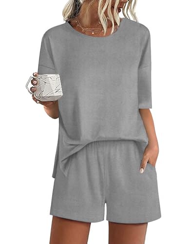 Image of Ekouaer Pajamas for Women Set 2 Piece PJ Soft Comfy Lounge Sets Short Sleeve Tops Shorts Sets Cotton Sleepwear S-XXL