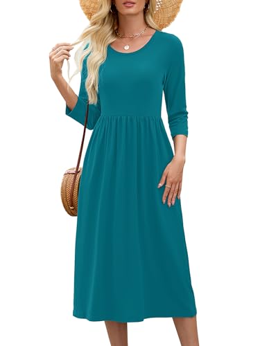 Image of Heymoments Women's Casual 3 /4 Sleeve Midi Dress Crewneck A Line Tiered Flowy Loose Travel Long Dresses with Pockets