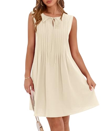 Image of BTFBM Womens Summer Mini Dress 2026 Sleeveless Crew Neck Cute Bow Tie Front Loose Pleated Casual Short Dresses Pockets