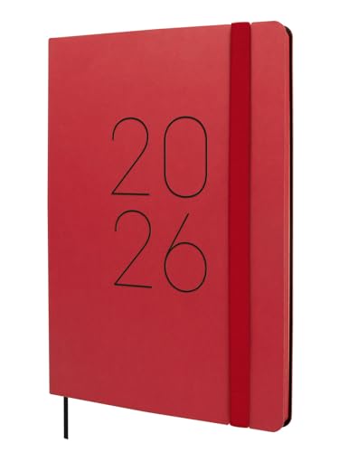Finocam - Agenda 2026 Semana Vista Vertical | Enero - Diciembre (12 meses) | Agenda A5 con goma elástica y cinta punto | Tapa Blanda Flexi Lisa - Rojo - Español