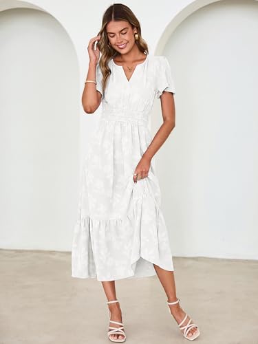 Image of Simplee Womens Summer Boho Maxi Dress Semi Formal Wedding Guest Short Sleeve V Neck Empire Waist Floral Long Dresses