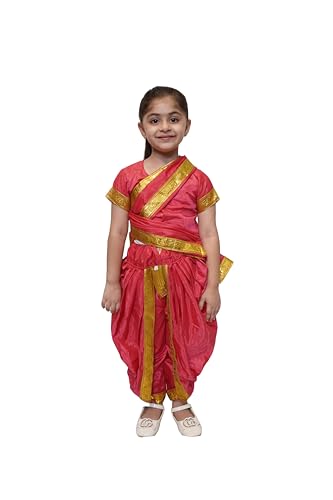 Image of Kaku Fancy Dresses Silk /Polyester Marathi Girl Lavni Folk Dance Costume With Jewellery For Kids-Magenta|14-17 Years