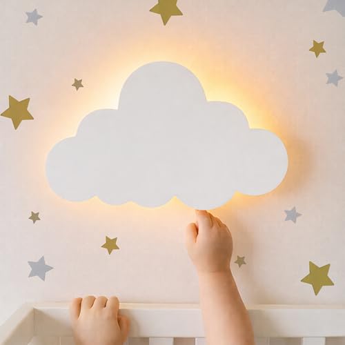 KALEOLI Nursery Night Light – Dimmable Cloud Wall Light for Kids and Baby Room Decor – Rechargeable LED Light with Touch Control for Bedtime Routines (Star Decals Included)