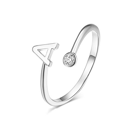 Silver Plated Initial 26 Alphabet Open Adjustable Mid Finger Ring Dainty Inlaid Crystal Jewelry (A)