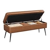 VASAGLE EKHO Collection - Storage Ottoman Bench, Entryway Bedroom Bench, 15 Gallons, Synthetic Leather with Stitching, Mid-Century Modern, Safety Hinges, Loads 660 lb, Caramel Brown ULOM074K01