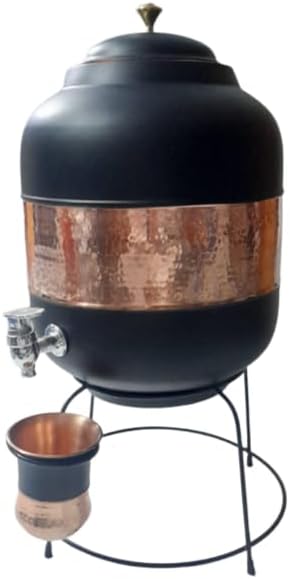 Miniatura 2 de Ornate International Pure Copper Water DspenserMatkaEnfriador de aguaStorae Water 14 litros con 11.8 fl oz de vidrio de secuencia media martillado